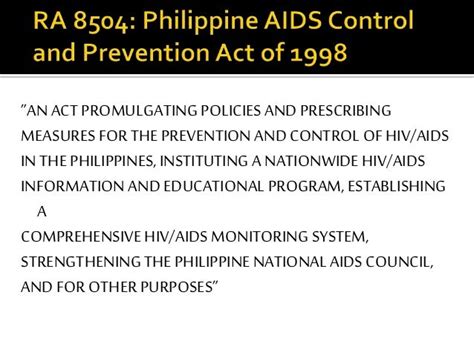 ra 8504 lawphil|The Philippine Legislative Policy Affecting HIV I AIDS: An .